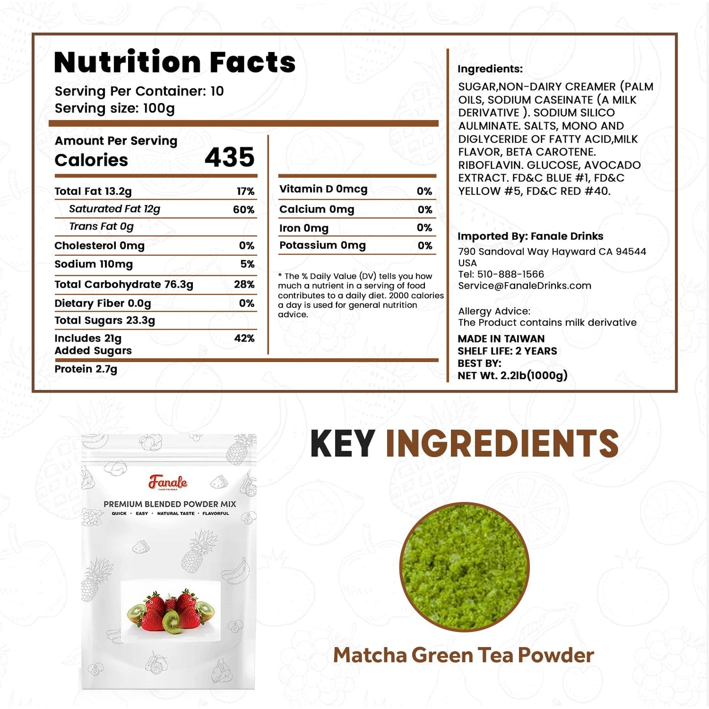 Fanale Premium Matcha Green Bubble Tea Flavoring Powder | Perfect for Baking, Smoothies, Desserts and Drinks | Instant Flavoring Powder for Boba Milk Tea - 2.2 Pounds (Pack of 1)