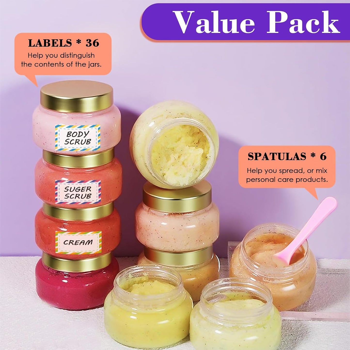 36 Pack 8 oz Plastic Cosmetic Containers With Lids Refillable Clear Empty Travle Jars Containers for Body Butter,Sugar Scrubs,Cream,Lotions,Candy, Waterproof Label&Spatulas - (Clear Lid)