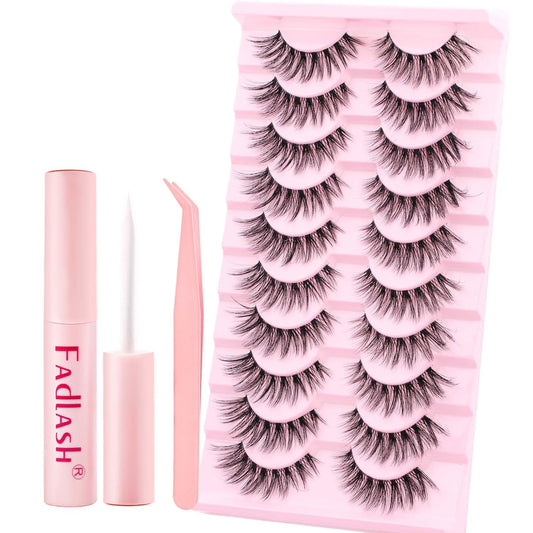 FADLASH False Eyelashes Kit Natural Cat Eye Lashes with Thin Band Wear Comfortable Black Fake Lashes 10 Pairs Lash Applicator Tool at Home, LZ209