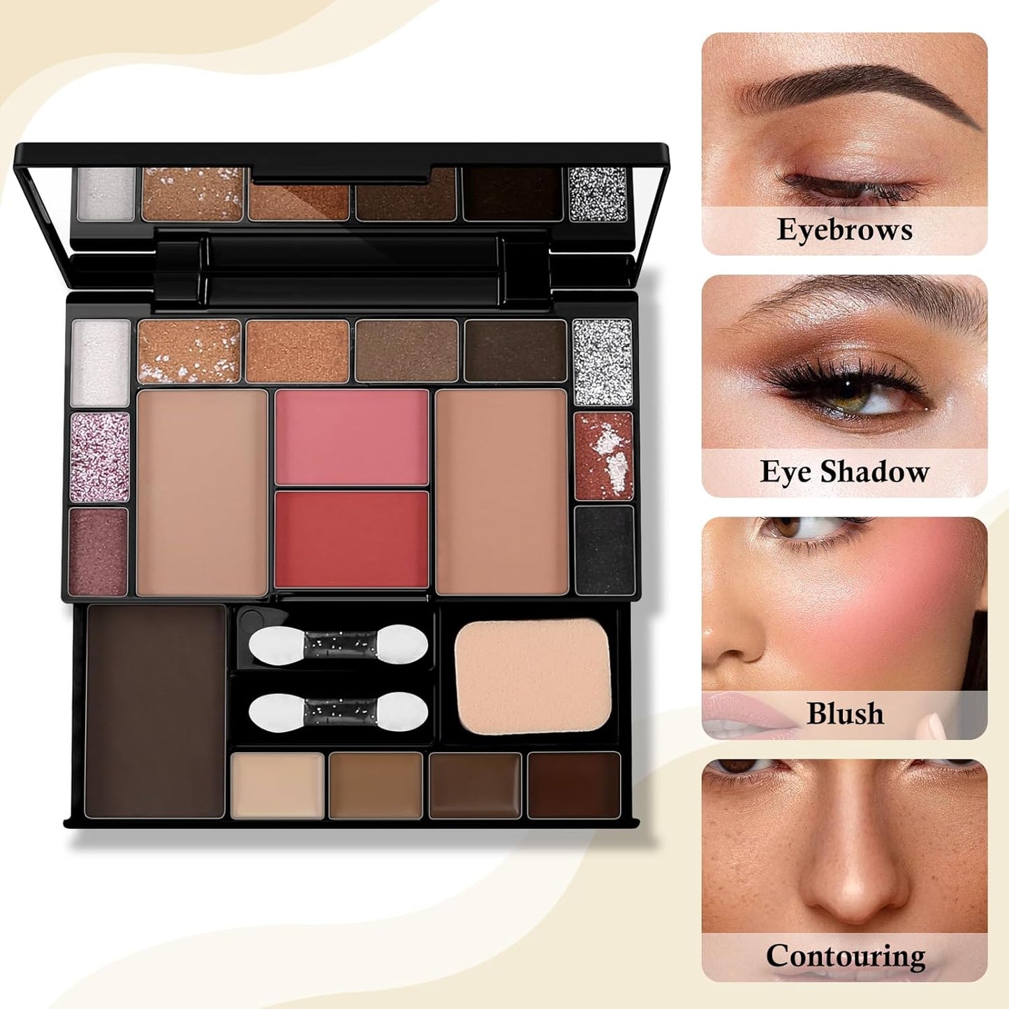 Makeup Palette Set, Makeup Kit for Women, 19 Color Makeup Set Include Matte Glitter Eyeshadow, Contour, Highlighter, Concealer, Eyebrow Powder, Blush, Mirror, Makeup Brush, Sponge