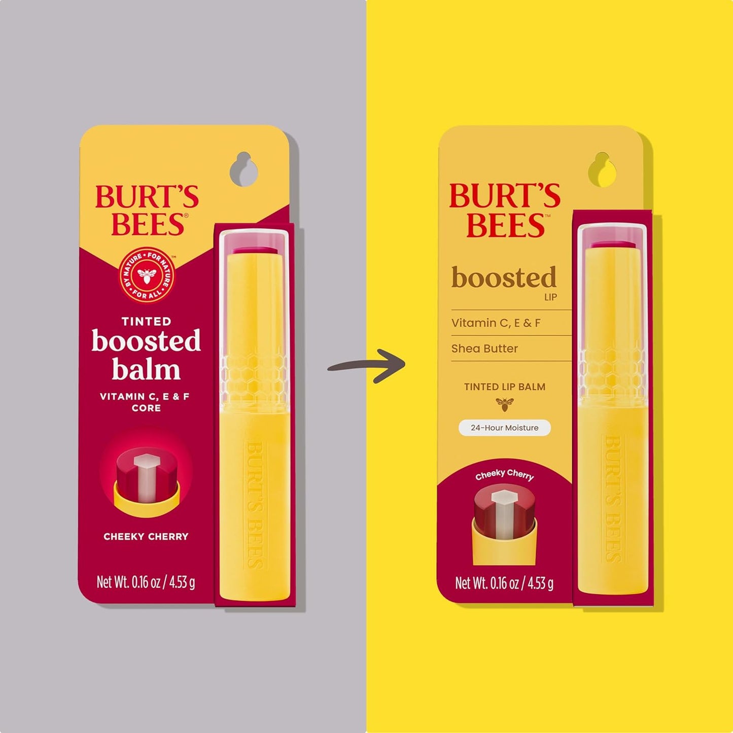 Burt’s Bees Back to School Gift Ideas, Tinted Boosted Balm, Cheeky Cherry, Hydrating Tinted Lip Balm with Vitamin C, E, and F Core, 24 Hour Lip Moisturizer, 100% Natural Origin, 1 Count, 0.16oz