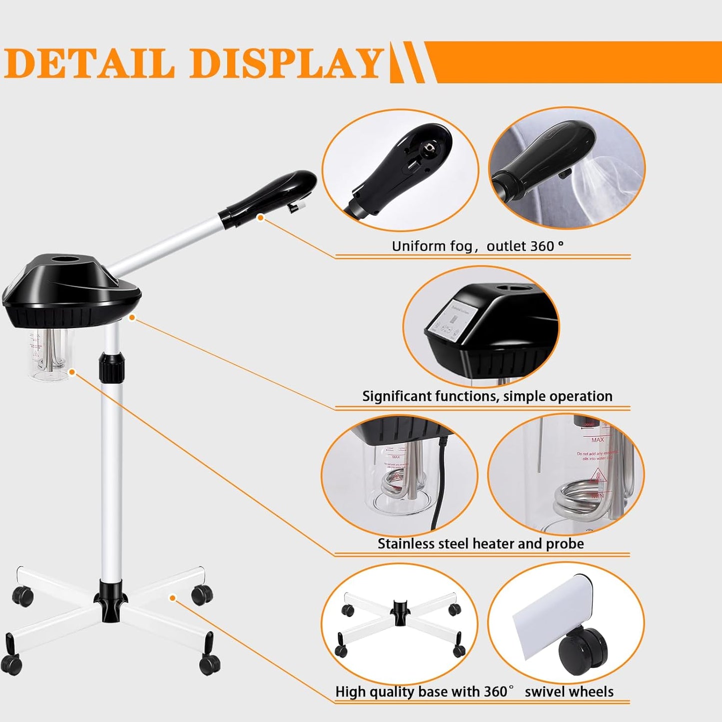 Facial Steamer Professional on Wheels with Time Setting, Estheticians Steamer with More Steam for Deep Cleansing and Hydration, Face Steamer Adjustable Height for Spa, Salon and Home Use