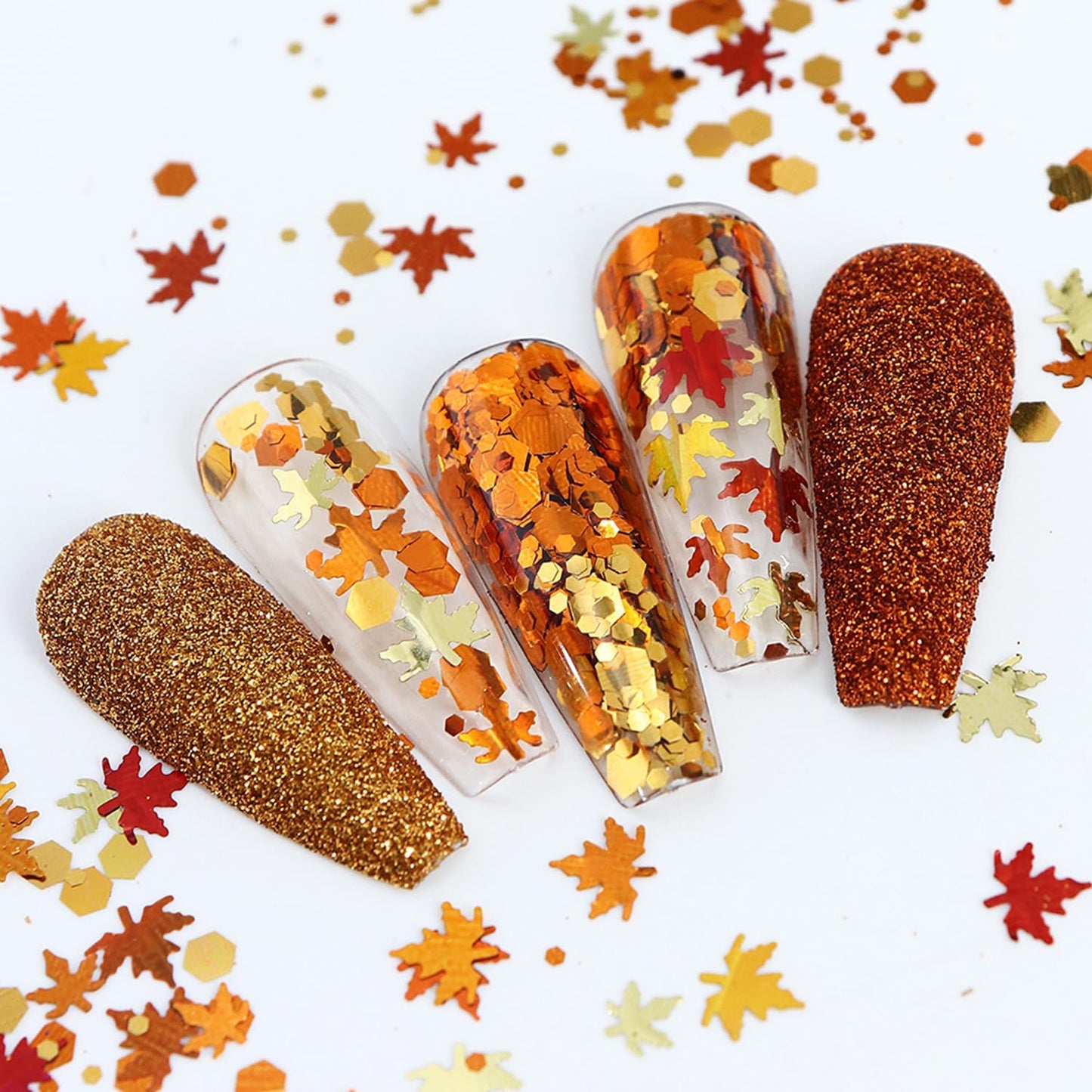Fall Nail Art Glitter Maple Leaf Nail Sequins Flakes, 2 Colors Manicure fine Glitter Powder, 3D Holographic Orange Red Nail Stickers Decals Supplies Nail Charms for Women Girls 6 Box