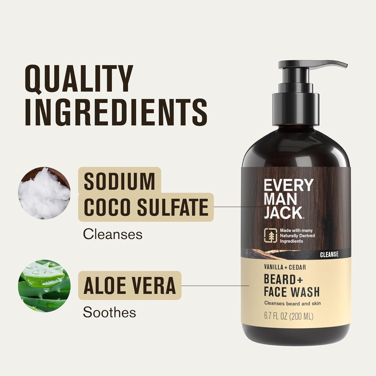 Every Man Jack Beard + Face Wash - Vanilla & Cedar Fragrance - Cleans & Softens Your Beard and Skin - Naturally Derived w/Aloe and Glycerin- 6.7 fl oz - 2 Pack