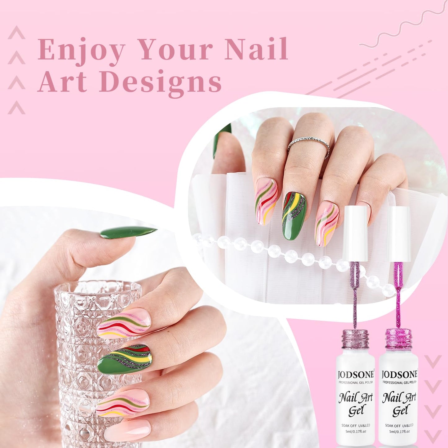 JODSONE Nail Art Gel Liner Set 10 Colors Glitter Purple Gold Green Gel Nail polish Need U V Lamp Cured with Thin Brush at Home Salon Design