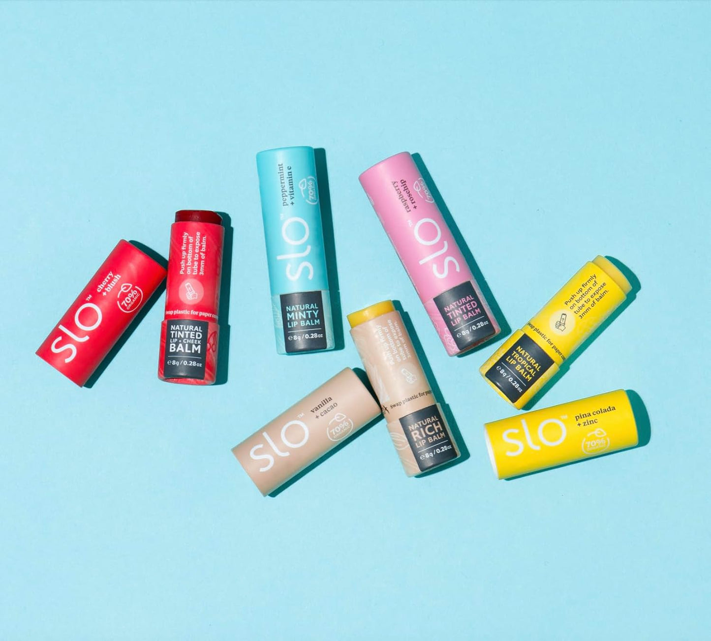 Slo | Natural Lip Balm - All Natural Ingredients, Vegan & Cruelty Free, Hydrating & Soothing, Plastic Free, Paper Packaging | Raspberry + Rosehip, 0.28oz