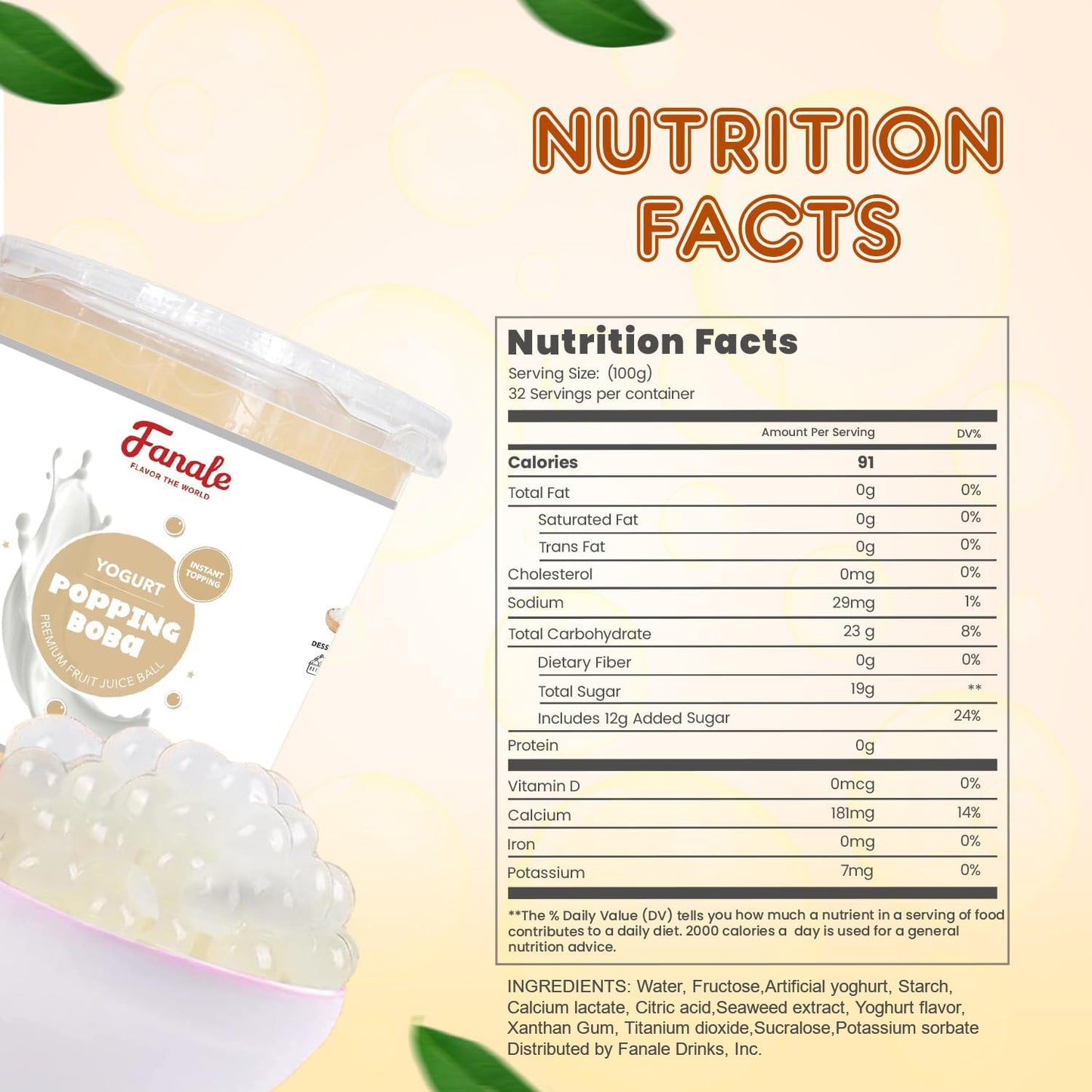 Fanale Yogurt Popping Boba Pearls, Vegan, Non GMO, Gluten Free, Fat Free, Perfect for Bubble Tea, Smoothies, Ice Cream, Desserts, and Beverages.