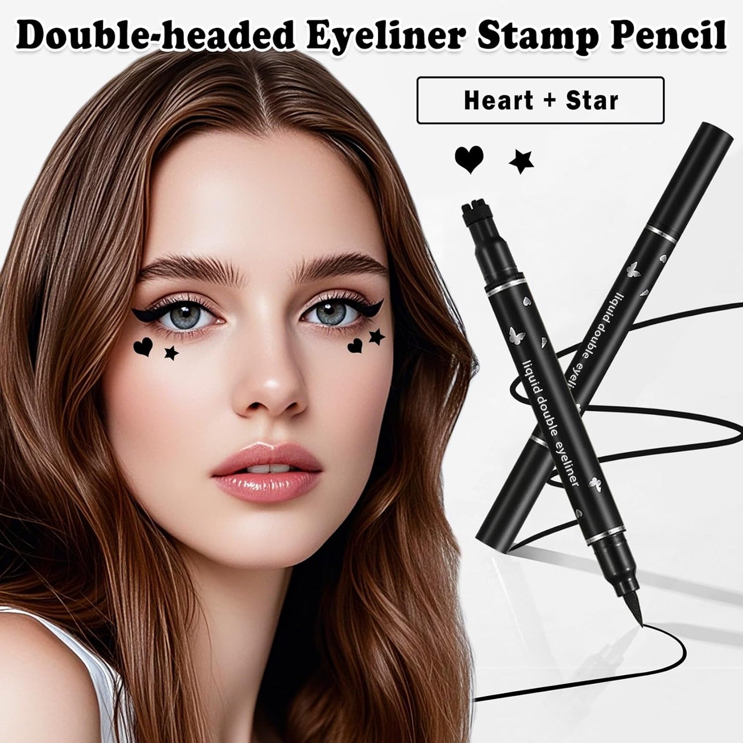 2PCS Double-headed Eyeliner Stamp Pencil Black Liquid Winged Eyeliner Stamp Pen Waterproof Smudgeproof Eye Liner Stamp for Eye Makeup(Heart+Star)