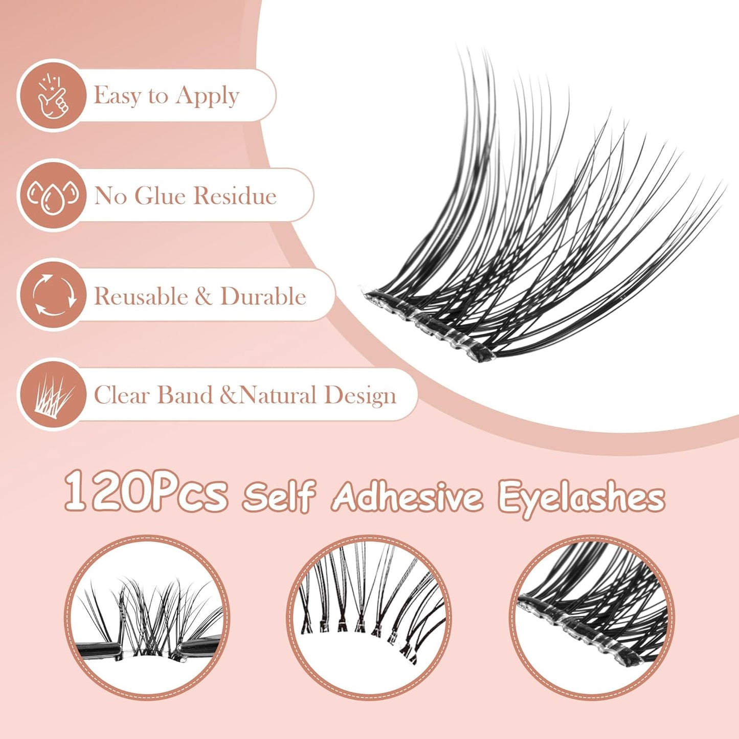 Self Adhesive Eyelashes, 120Pcs Clear Band Lash Clusters, Natural Pre-Glued Eyelash Clusters, No Glue Needed Press On Invisible Band Resuable Eyelashes(SC133)