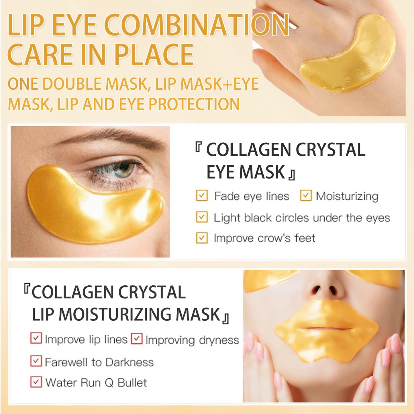 30 Pairs Lip Masks & Eye Mask,24K Collagen Crystal Under Eye Patches for Puffy Eyes,Dark Circles,Moisturizing& Reducing Fine Lines Lip Mask,Cooling Collagen Eye Masks Skincare for Women Men