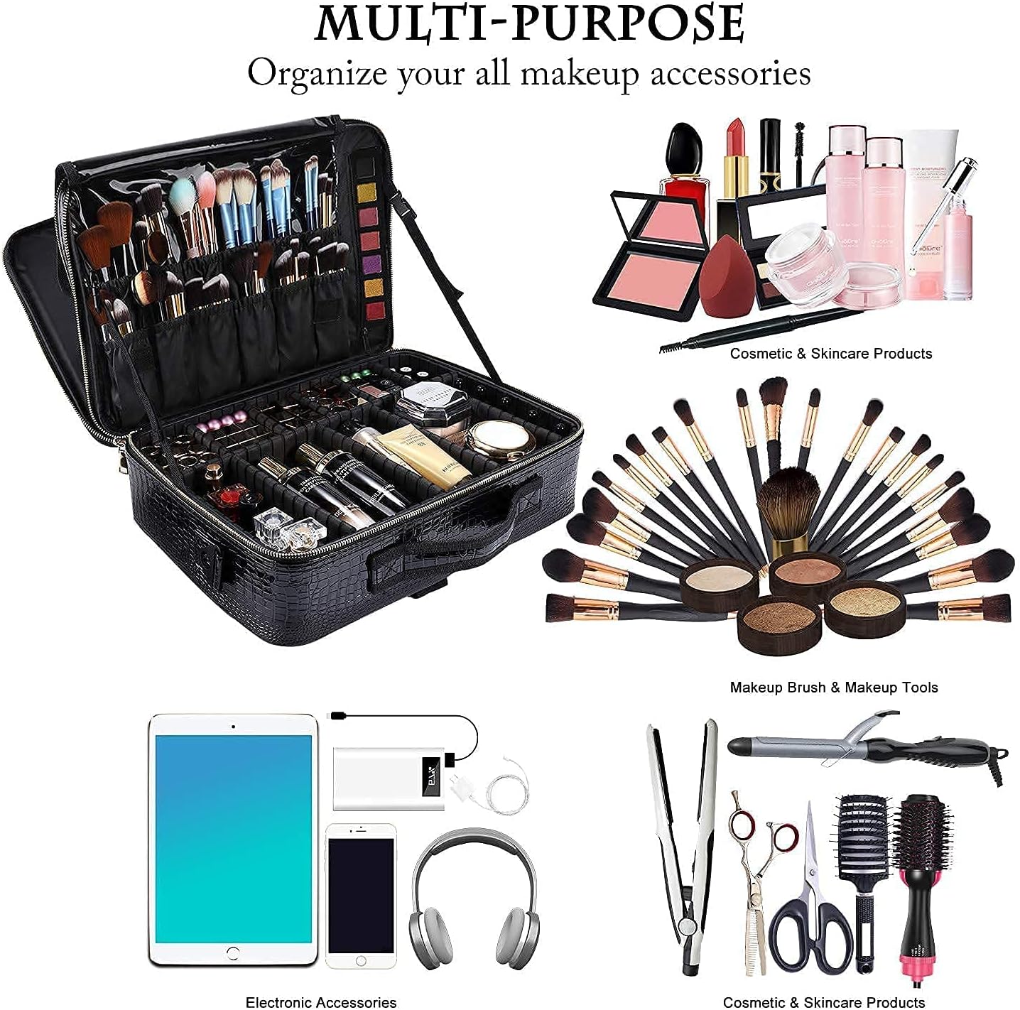 JOURMON Travel Makeup Case Portable Makeup Train Case Organizer Cosmetic Bag with Adjustable Dividers and Shoulder Strap for Makeup Brushes Toiletry Travel Accessories(Crocodile Pattern Black, L)