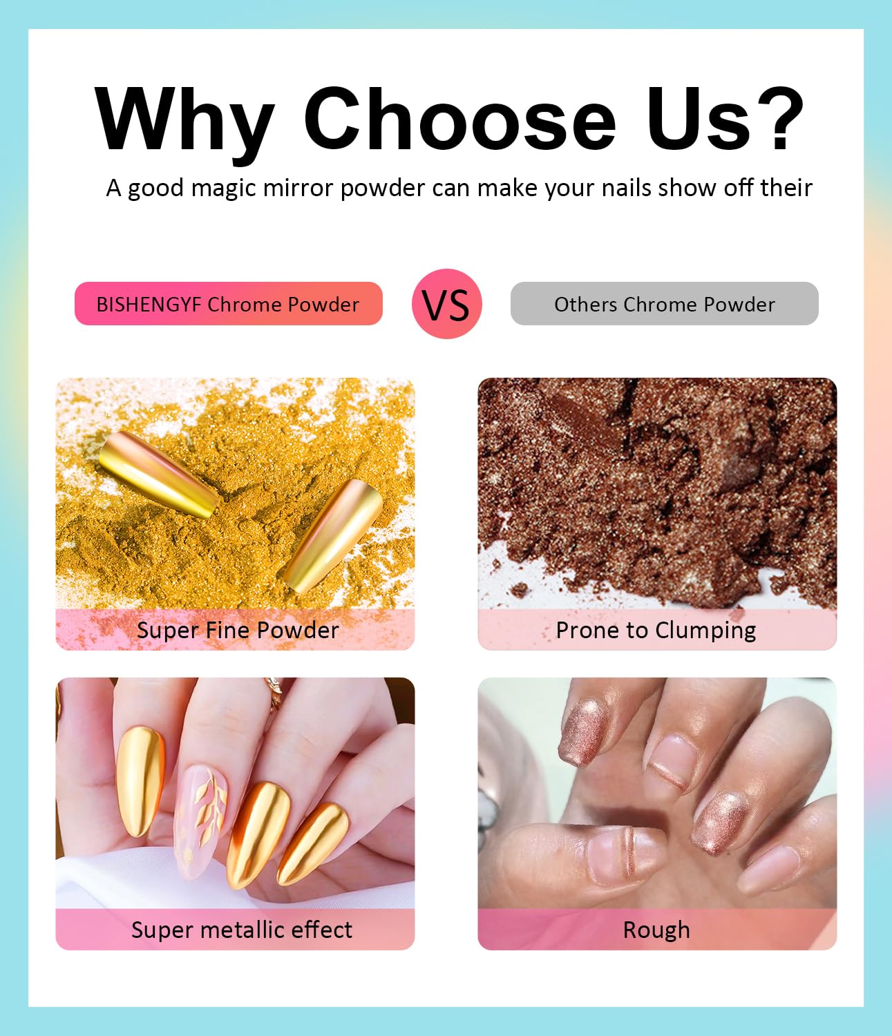 Gold Chrome Nail Powder BISHENGYF -【Metallic Mirror Effect】Pearl Chrome Nail Powder White Aurora Mermaid Iridescent Silver Nail Chrome Powder Metallic Mirror Glitter Pigment Dust For Nail Art DIY