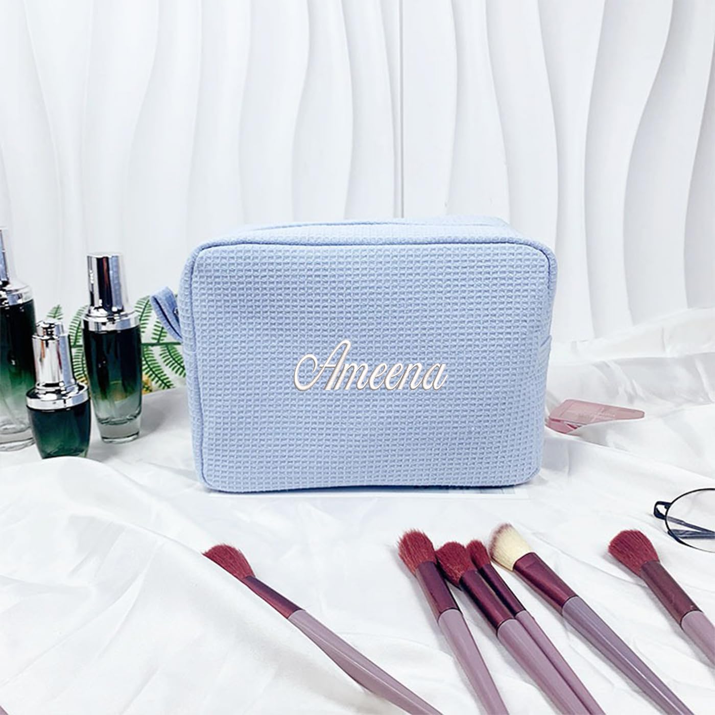 GOPHIE Personalized Embroidered Makeup Bag,Custom Waffle Fabric Cosmetic Pouch for Women, Travel Makeup Pouch (1, Sky Blue)