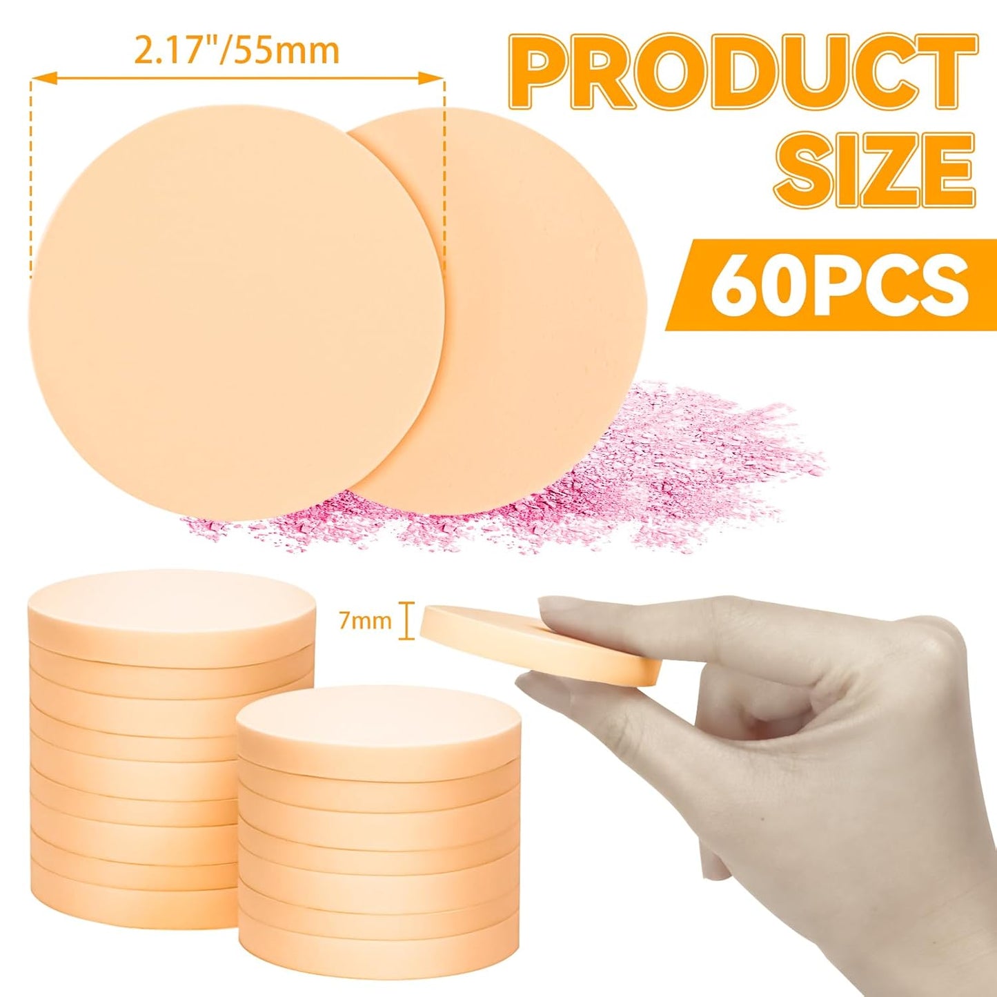 MotBach 60 PCS Nude Round Makeup Sponge, Cosmetic Sponge Round Foam Pad Eye Facial Powder Puff, Beauty Makeup Foundation Powder Blender for Women Lady All Skin Types Wet and Dry Dual Use