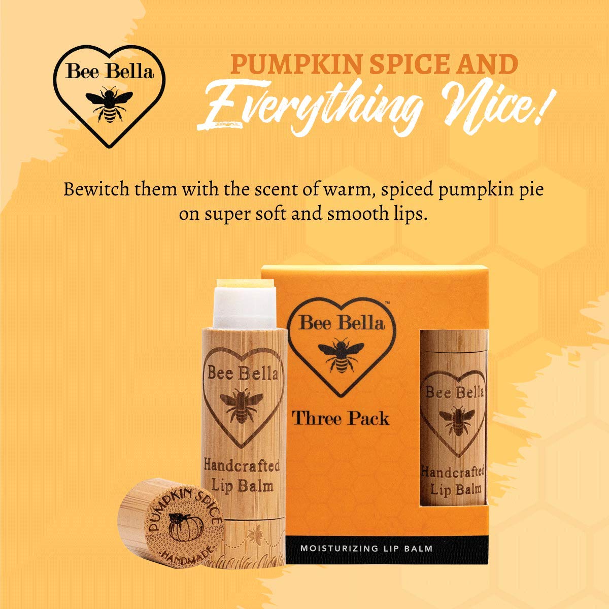 Bee Bella Lip Balm Pumpkin Spice (3 Pack)- With Beeswax, Coconut Oil, Jojoba Oil, Vitamin E Oil, Argan Oil and More for Soft and Smooth Lips - Long-Lasting Moisture - Handmade in the USA
