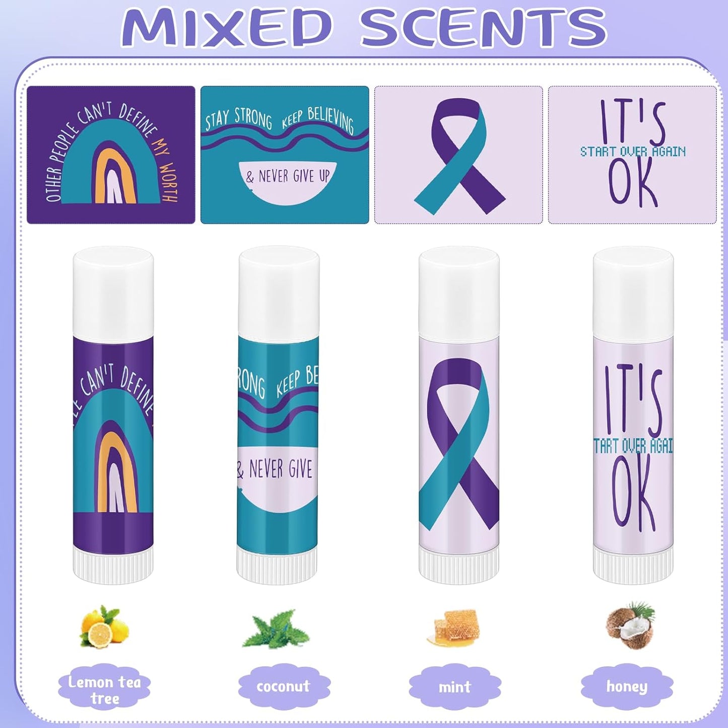Fumete 50 Pcs Suicide Prevention Awareness Lip Balm Bulks Purple Teal Ribbon Lip Balm Mental Health Care Gift for Suicide Prevention Awareness Inspirational Favor Charity Campaign Supplies