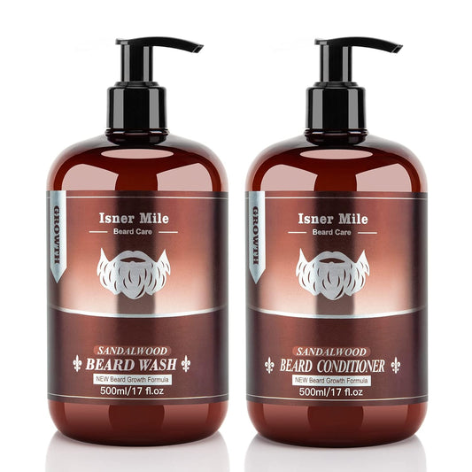 ISNER MILE Beard Wash & Conditioner Set for Men - 17 oz Shampoo with Biotin, Argan & Jojoba Oils for Smooth, Soft, and Strengthened Beard - Sandalwood Scented Grooming Gift