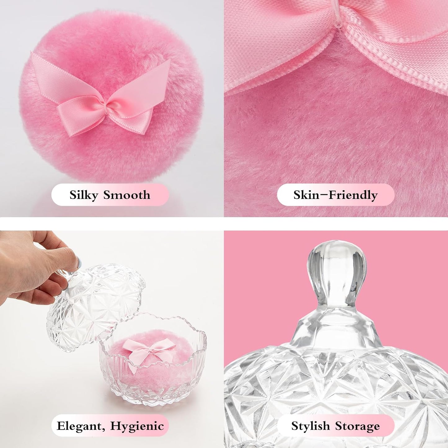 2 Pcs Large Body Powder Puff and Container, Dusting Powder Container with Puff, Crystal Case, Body Powder Puff for Women Soft Washable Reusable Velour Face Body Glitter Wet Dry Makeup(Diamond)