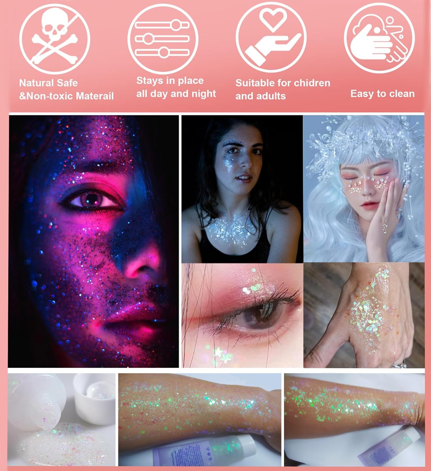 Go Ho Clear White Face Body Glitter - Party Flash Festival Rave Outfits for Women&Kids,Holographic Glitter White Face Paint,Halloween Mermaid Fairy Makeup Chunky Sequins Gel,Rave Pride Accessories