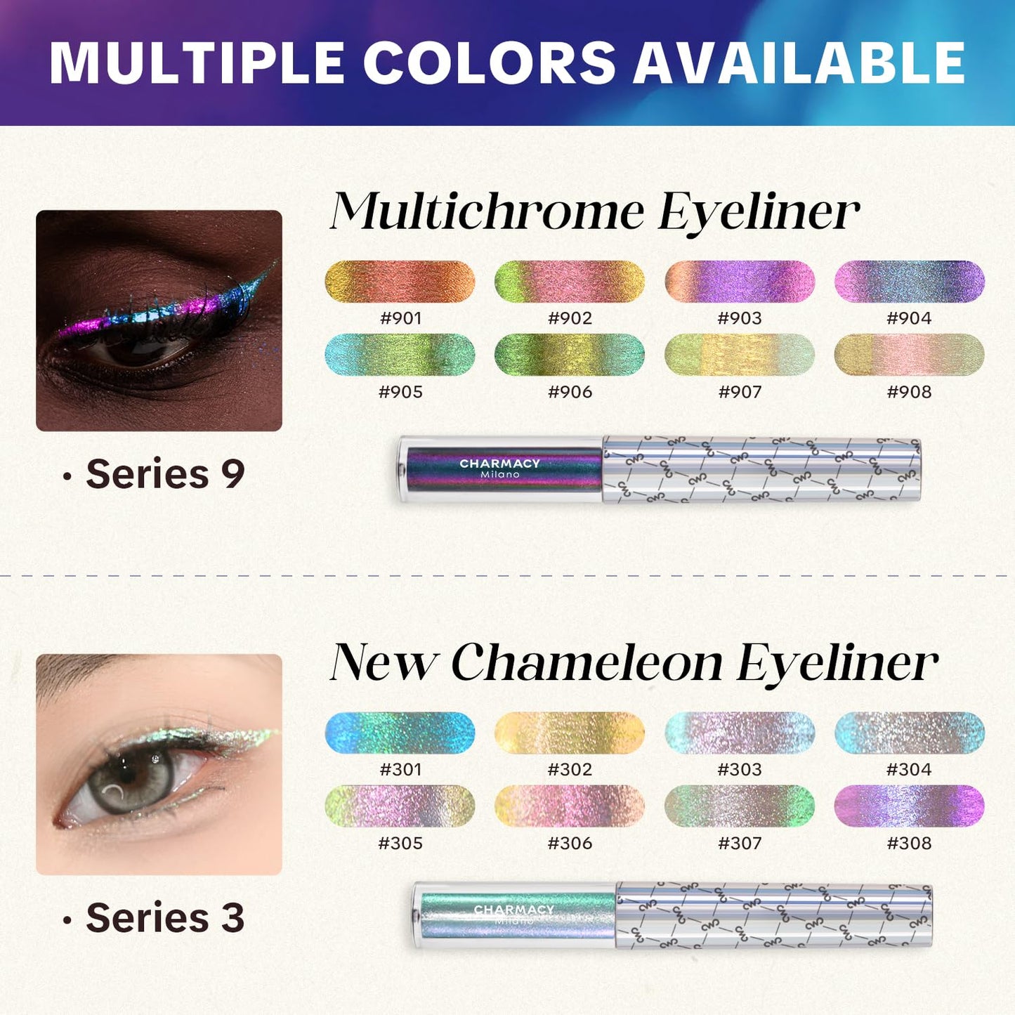 CHARMACY Chameleon Liquid Eyeliner, Liquid Glitter Eyeliner, Highly Pigmented, Metallic Intense MultiColor Shifting waterproof Eyeliner, Ultra-Fine Tip, Longwearing, Smudge-proof (#SET2-902/904/906)