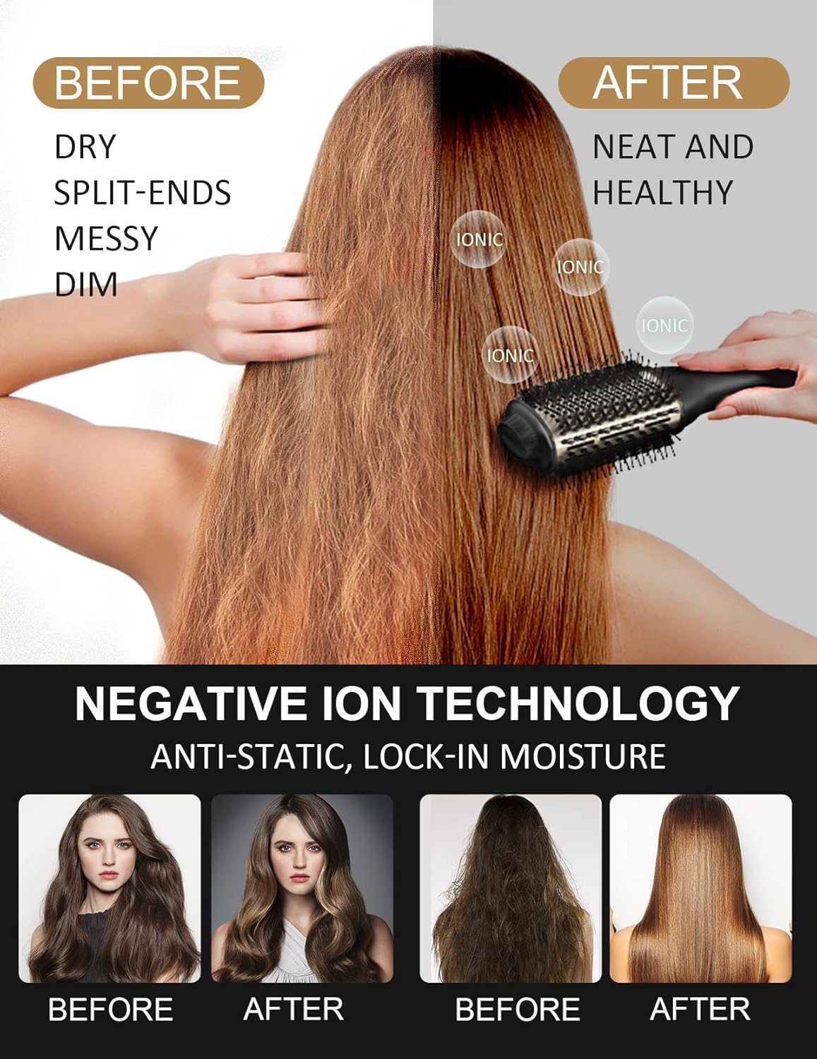 Hot Air Hair Blow Dryer Brush - 3 in 1 Negative Ionic Hairdryer Blowout Brush for Drying Straightening Volumizing - 60mm Oval Barrel fit All Hair Types - Salon Style, Smooth, Frizz-Free Results
