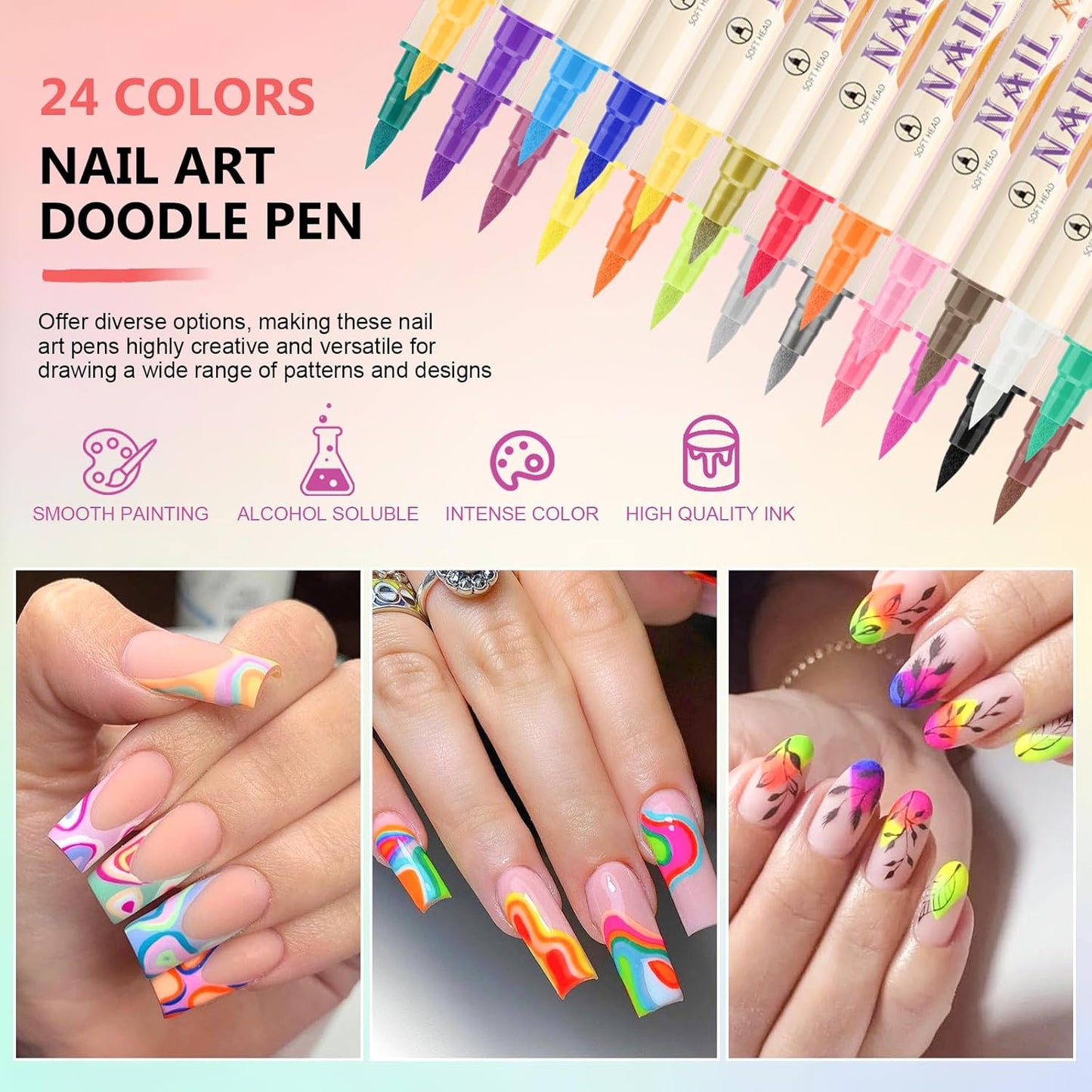 24 Colors Nail Art Pens Set, 3D Nail Polish Pens Quick-Drying Acrylic Paint Markers,For Nail Art Drawing Painting Nail Point Dotting Liner Pen, Nail Design Kit Manicure Tools Home & Salon DIY