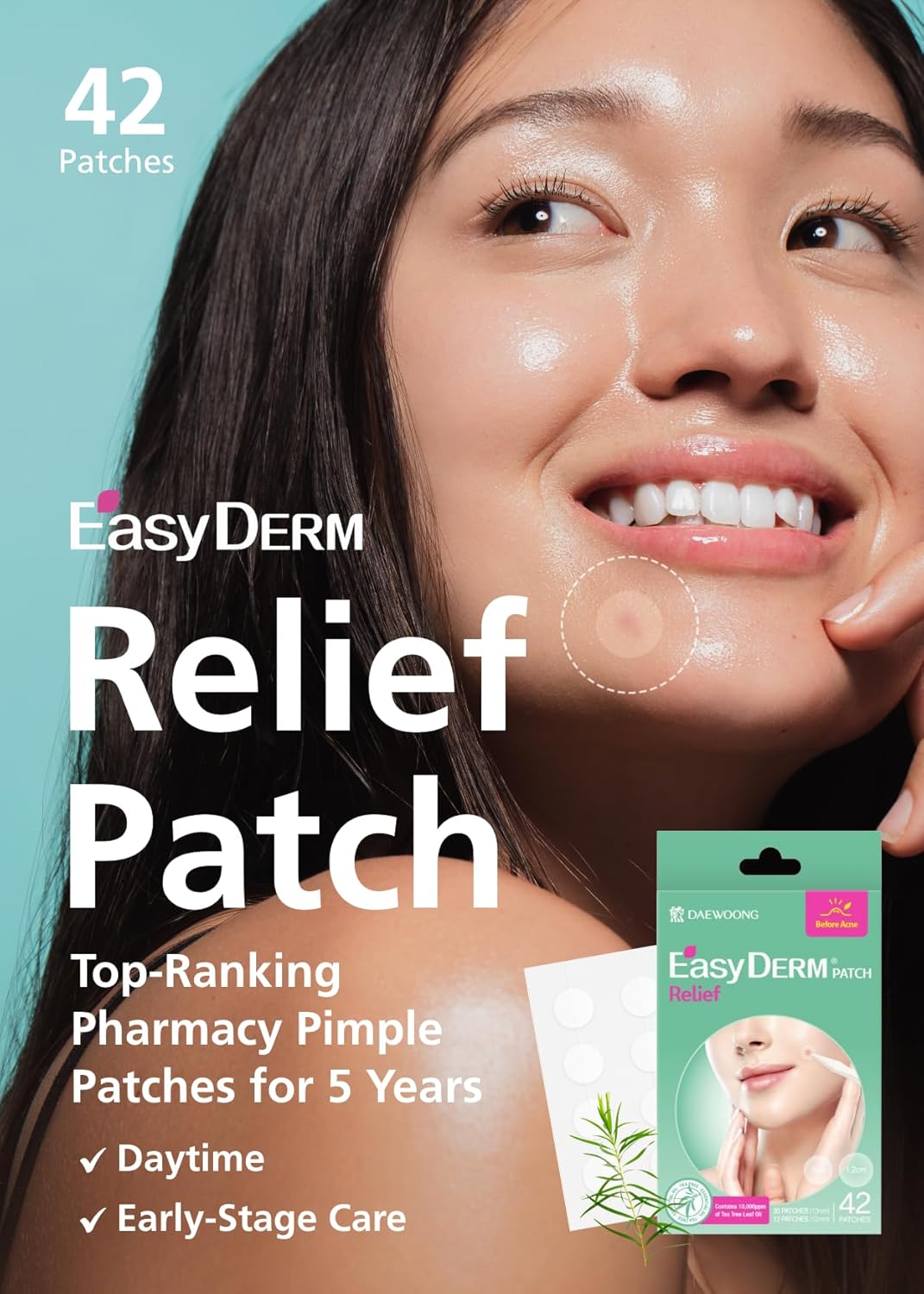 EasyDerm Relief Invisible Patch(42 counts) I Contains 10,000ppm of Tea Tree Oil, Pimple Patch, Ultra-slim 0.1mm, Waterpoof, Korean Pimple Patches Back to School MUST HAVE