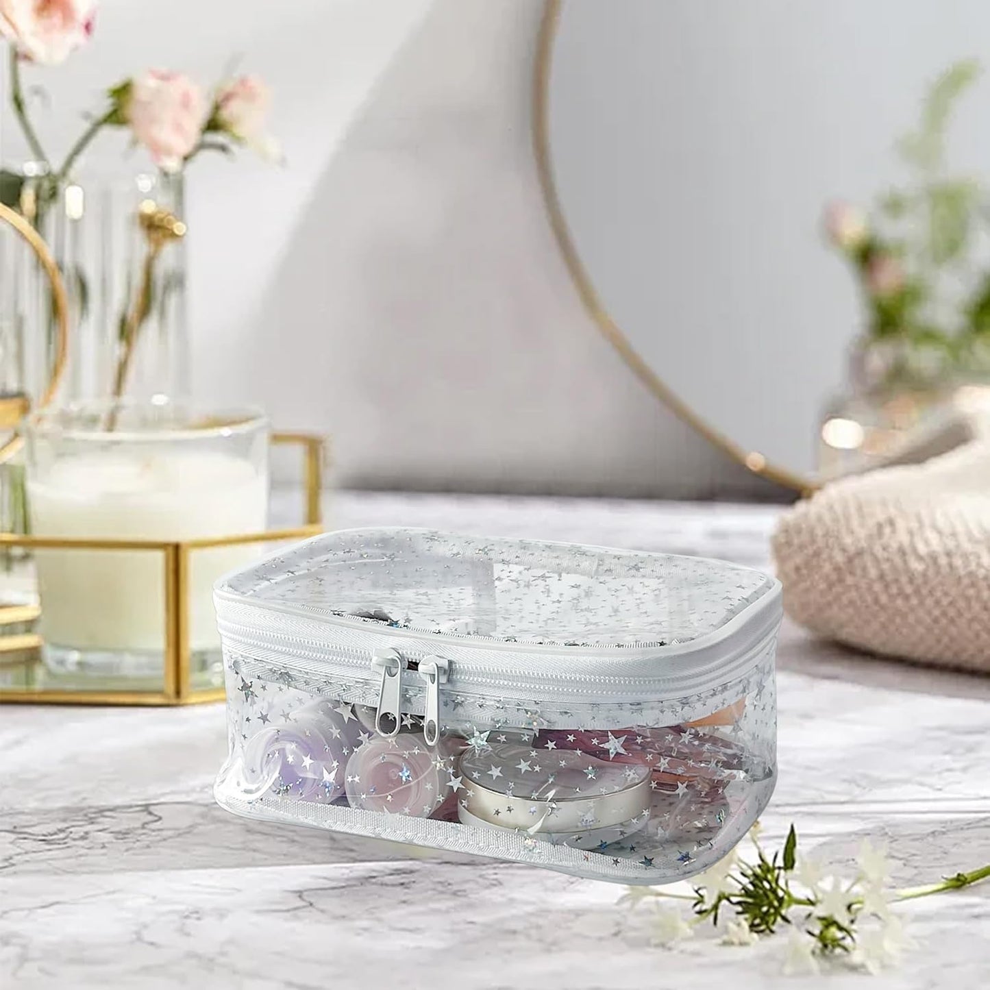 Holographic Makeup Bags Bulk,Clear Storage Bag Toiletry Pocket Portable Zippered Iridescent Pouch Waterproof Cosmetic Gift Bags for Women (Black)