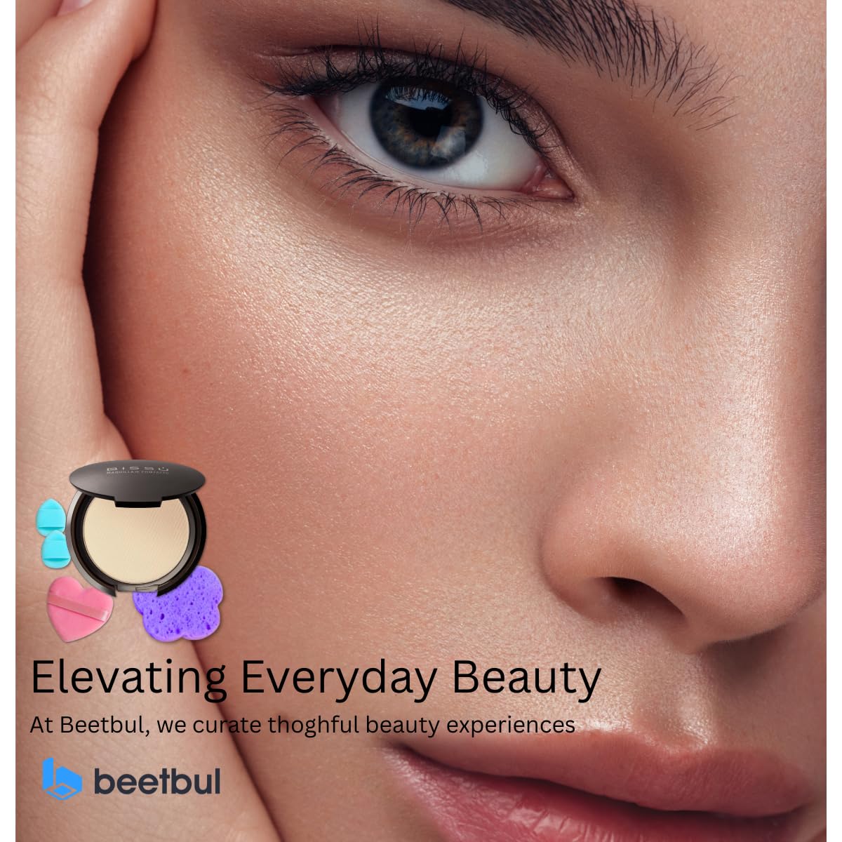 Beetbul Makeup & Exfoliation Kit - Bissú Compact Powder + 1 Medium Velvet Puff + 2 Finger Puffs + 1 Facial Exfoliating Sponge (07 Caramel, One Size)