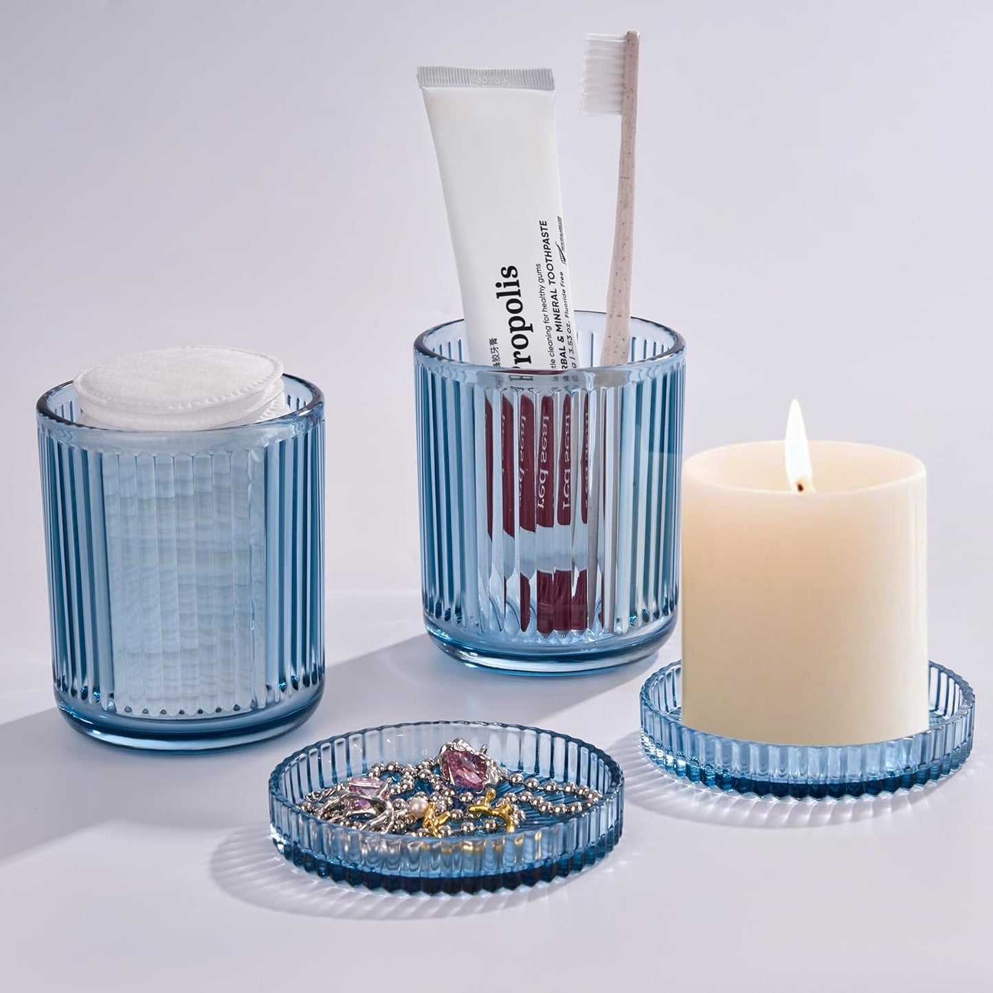 2 Pack Qtip Holders for Bathroom, Clear Glass Apothecary Jars with Lids,Vintage Bathroom Canisters for Cotton Balls,Swabs,Floss Picks,Hair Ties,Vanity Organizer and Storage Decor (Blue)