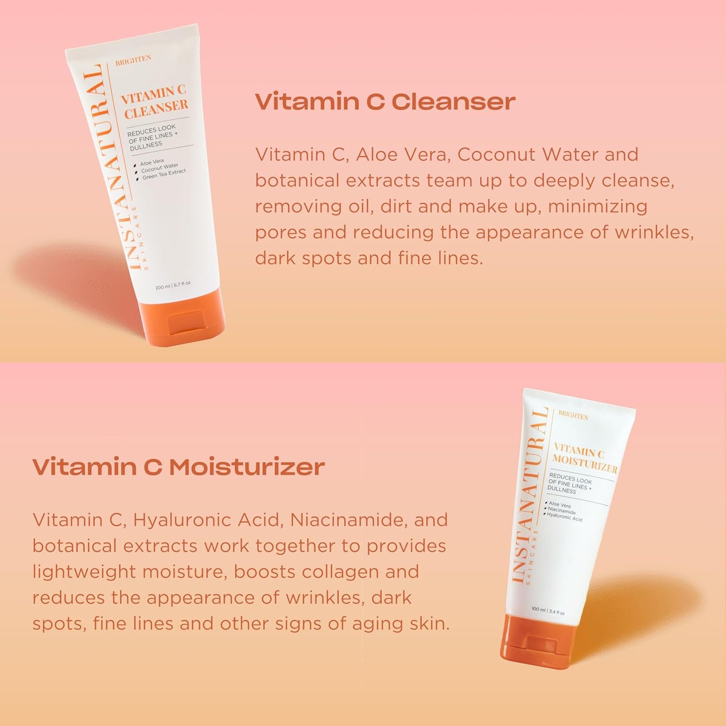 InstaNatural Vitamin C Fan Favorites Cleanser and Moisturizer Kit, Brightens, Reduces the Look of Fine Lines and Uneven Texture, with Aloe Vera and Botanical Extracts