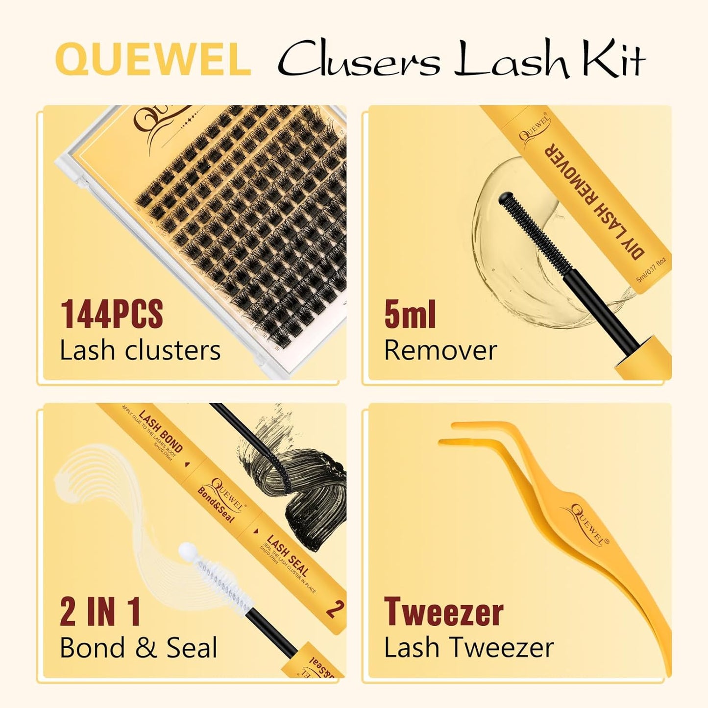 QUEWEL Lash Clusters Kit, Lashes Clusters Bond and Seal Waterproof, Eyelash Clusters Applicator Tool with Cluster Lashes Glue Remover for Natural Look DIY At Home(ZS-H01-kit)