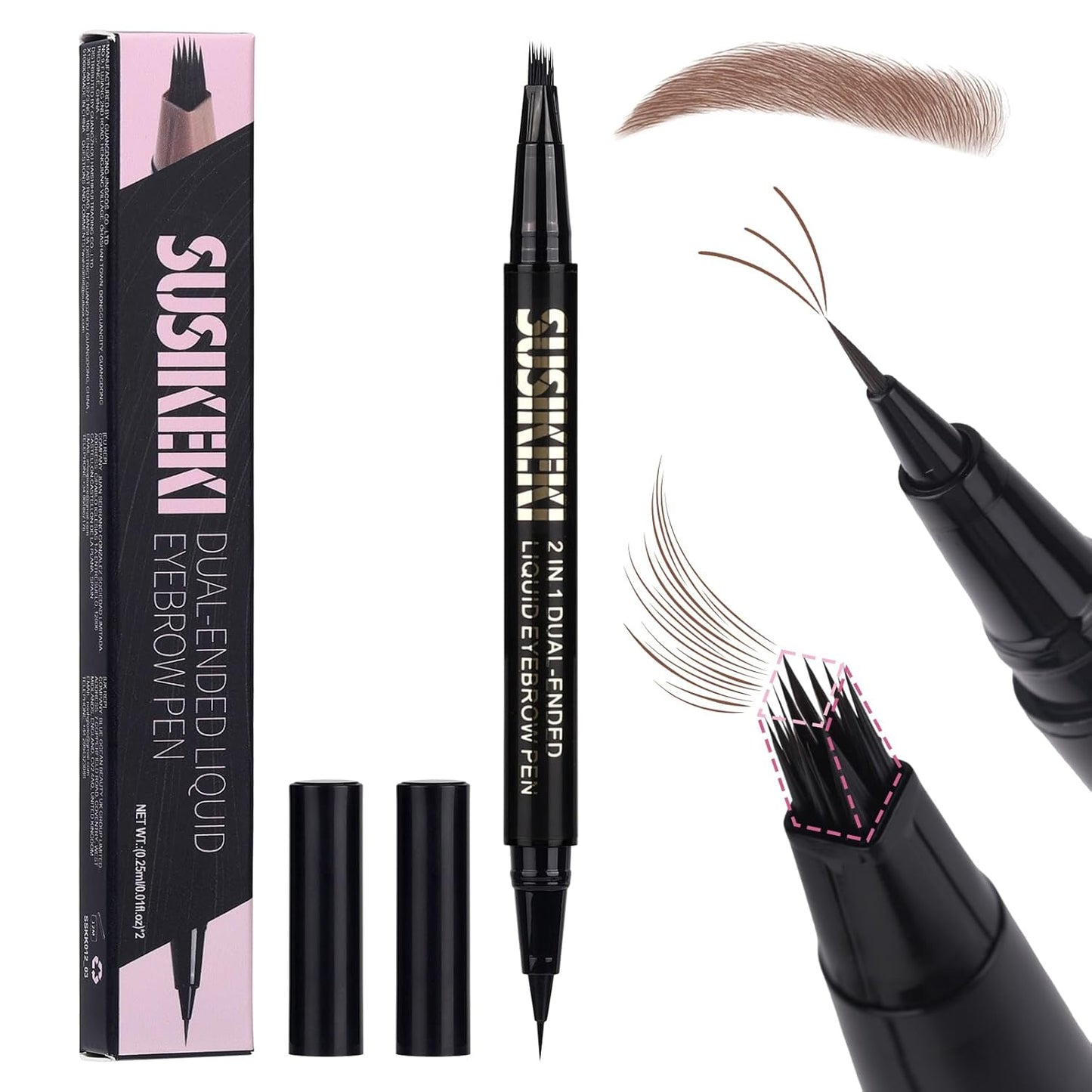 Dual Ended Microblading Eyebrow Pen - 2 in 1 Liquid Eyebrow Pencil with Brow-Fection Angled Brush & Precise Detail Brush-Tip, Shapes & Fills Hair-Like Looking Brows, Lasts All-Day, Brown