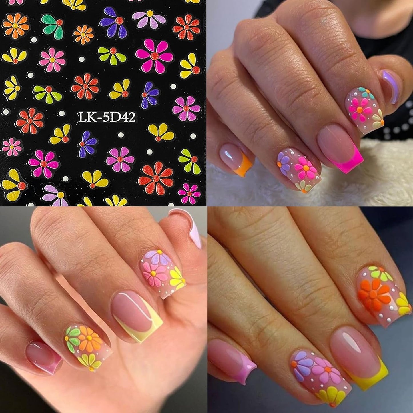 Flower Nail Art Stickers Decals 5D Embossed Nail Decals Spring Summer Nails Design Self-Adhesive Supplies Accessories 3D Flower for Women Nails DIY Decoration(6 Sheets)