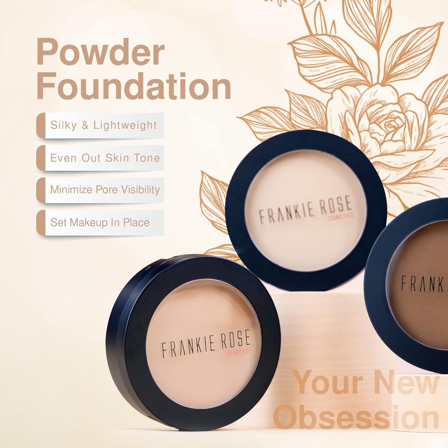 Frankie Rose Cosmetics Powder Foundation – Full Coverage Face Powder For Pores & Imperfections, Evens Out Skin Tone & Shine-Control | 58 Grams (Vintage)
