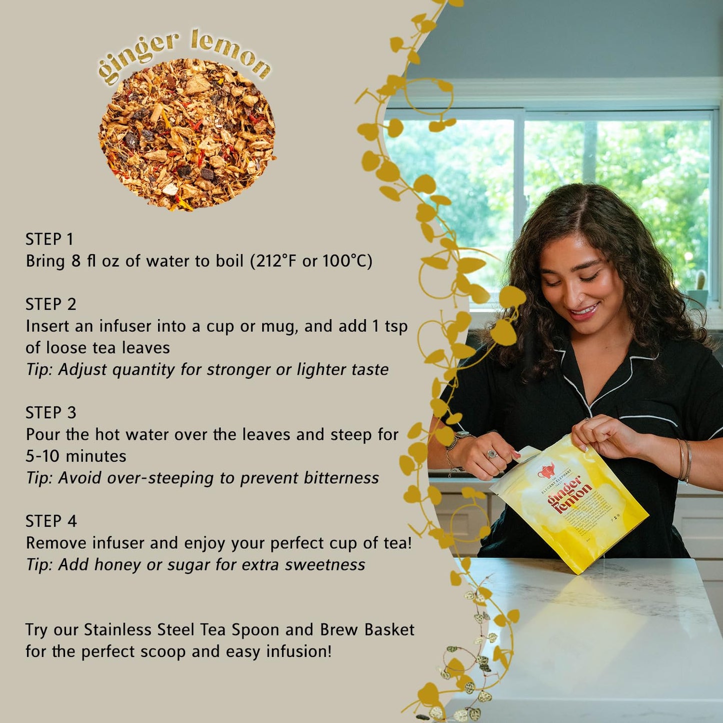 Ginger Lemon Tea, Loose Leaf Herbal Tea – Helps Reduce Nausea and Motion Sickness – Detox & Immunity Support – Drink Hot or Iced – 4 oz Resealable Bag (Makes 50 Cups) – The Elegant Elephant