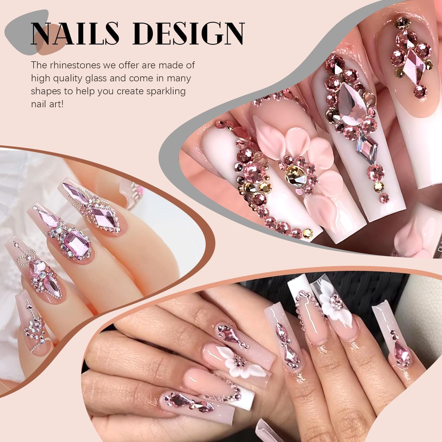 2060Pcs Pink Glass Nail Rhinestones 60Pcs Multi Shapes Flatback Nail Gems + 2000Pcs 1.5-4mm Round Crystal, Manicure Nail Charms Diamond Gemstones for Acrylic Nails Decoration