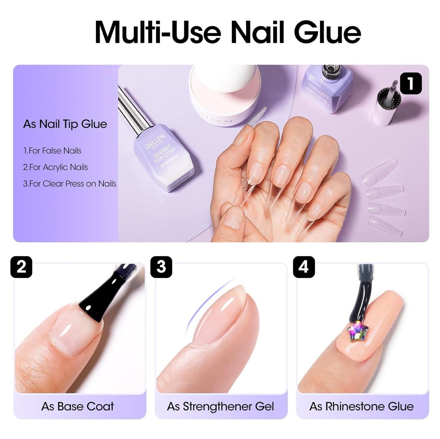 Gellen 18ML Nail Glue Gel and Nail Prep Dehydrator, 4 in 1 Soak Off LED UV Glue for False & Acrylic & Clear Press on Nails, Long Lasting for 28+ Days