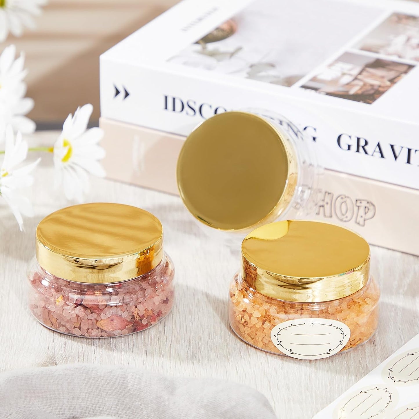 Tessco 24 Pack Plastic Jars with Lids Labels Empty Clear Plastic Jars Round Refillable Cosmetic Containers Body Butter Containers Bulk Sugar Scrub Bottle for Make Up(5 oz,Gold)