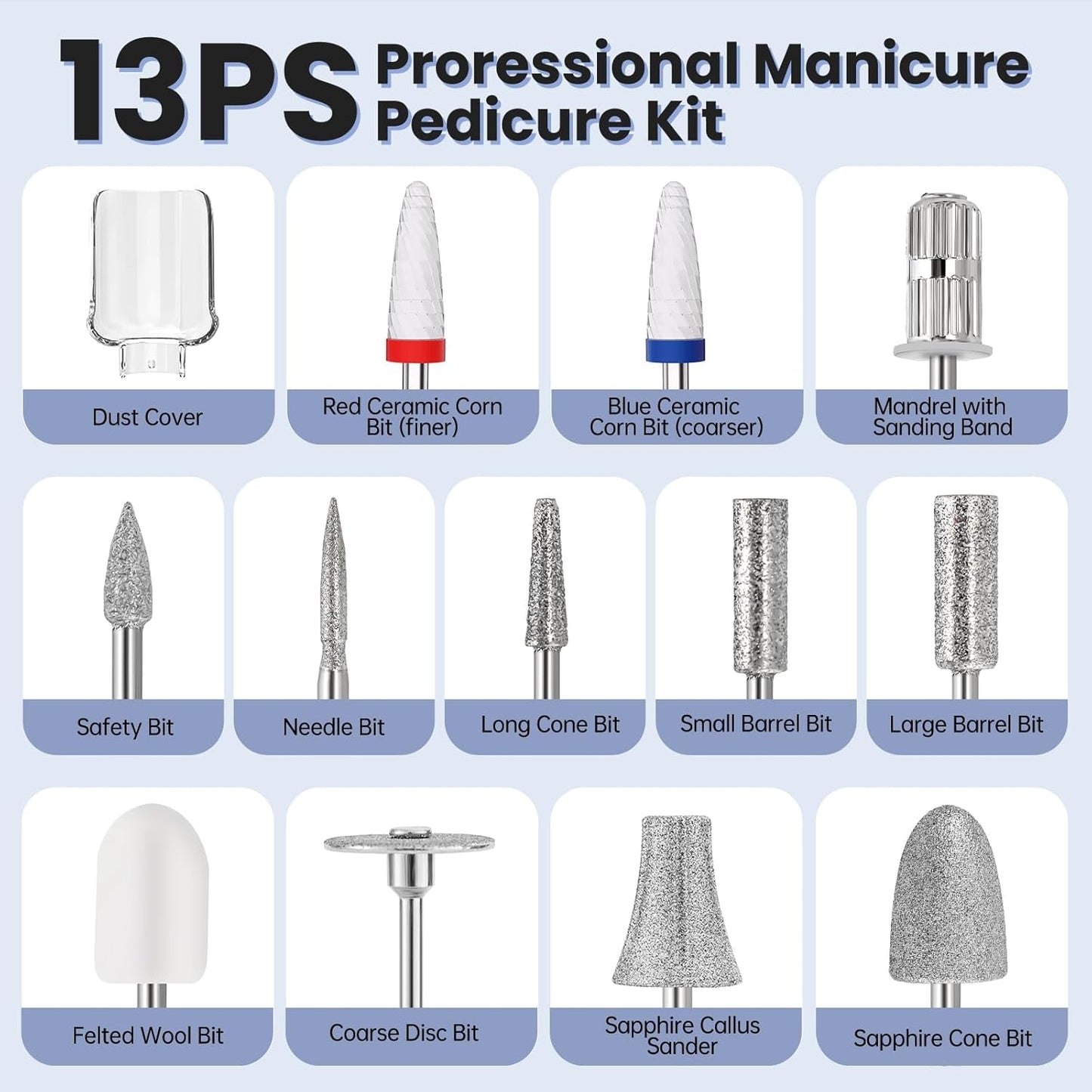 Electric Nail File Drill, Cordless 2000 mAh Rechargeable Nail Filer Electric 12 in 1 Kit Nail Grinder Tool Portable Professional Nail Dril Machine for Acrylic Manicure and Thick Toenails Grinder Care