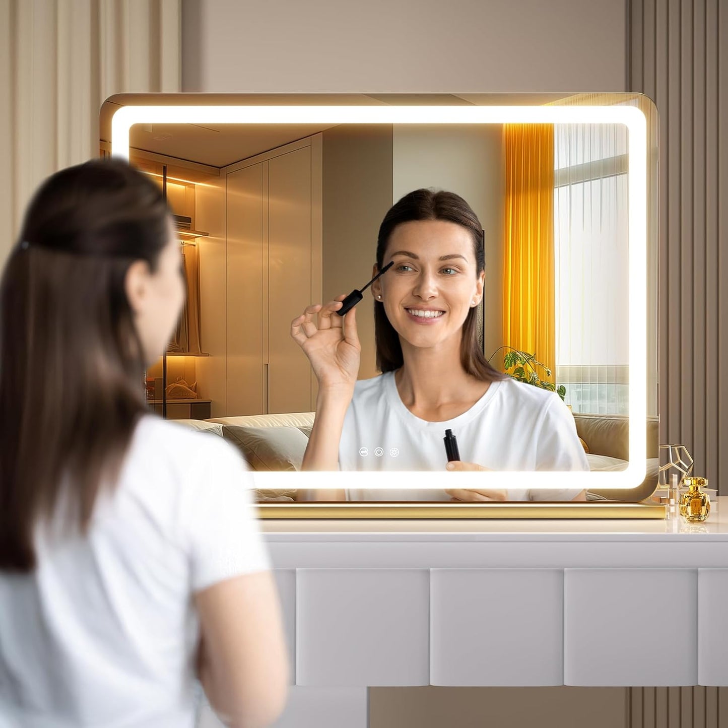 Hasipu Vanity Mirror with Lights, 39.4" x 30" LED Makeup Mirror, Lighted Makeup Mirror with Dimmable 3 Modes, Touch Screen Control Vanity Mirror Round Gold