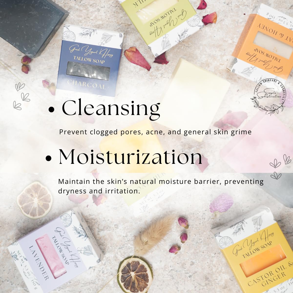 Greek Yogurt & Honey Tallow Soap Bar - Cold pressed handmade natural soap bars for face & body | Charcoal, Lavender, Oat & Honey, Castor Oil & Ginger, Goat Milk for Men and Women, 5 oz (pack of 5)