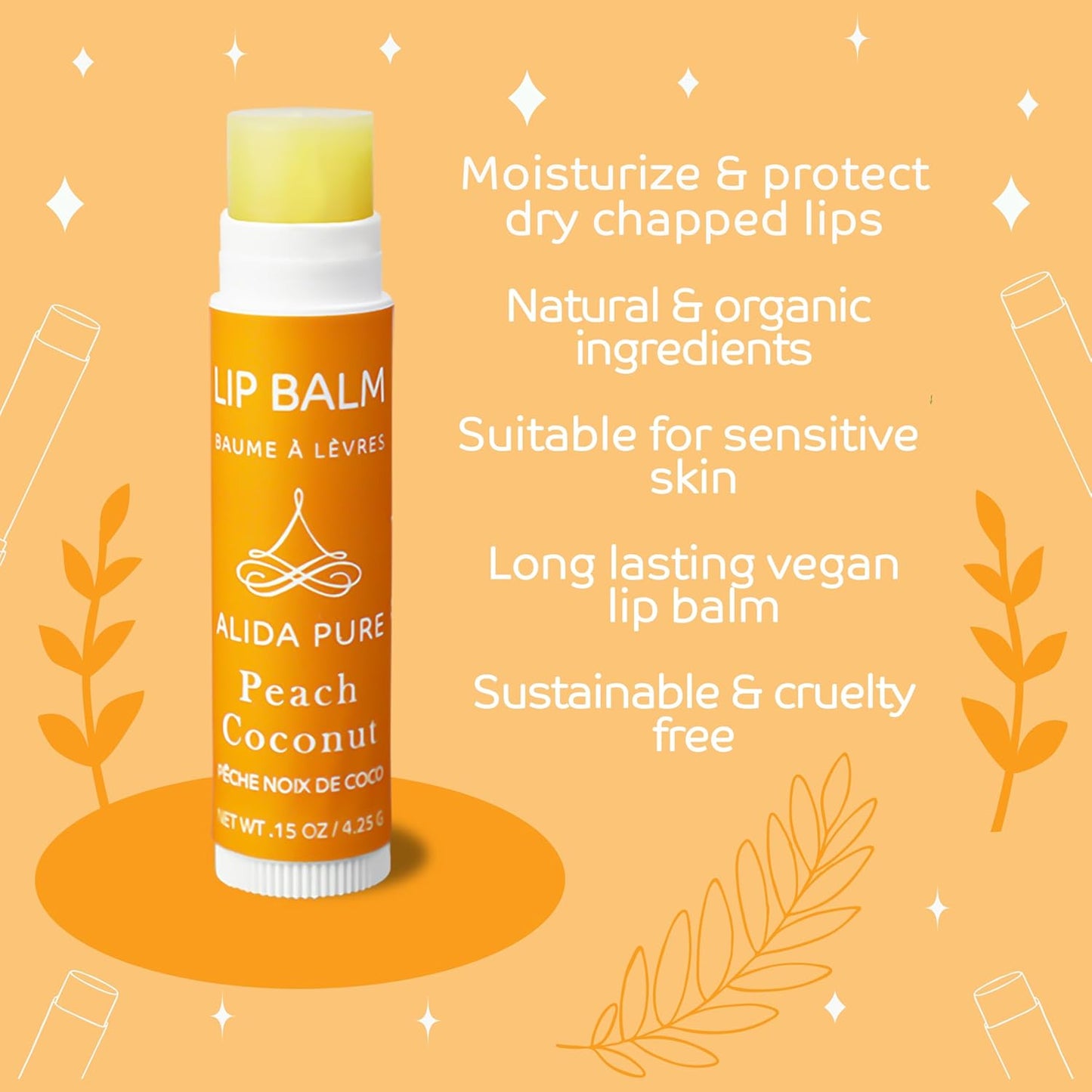 Peach Coconut Lip Balm Collection, Vegan Set, Lip Balm, Beeswax Free, with Organic Jojoba And Avocado Oil, Vitamin E, Natural Moisturizer for Dry, Chapped Lips, 3 Tube Set