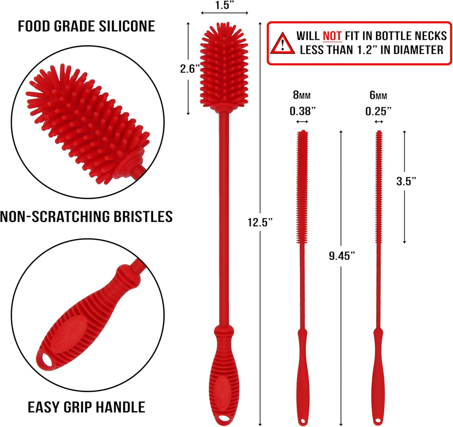12.5" Silicone Bottle Brush & Straw Cleaner Brush Set | Water Bottle Cleaner for Hydro Flasks, Tumblers, Glassware, Vases and Narrow Neck Containers