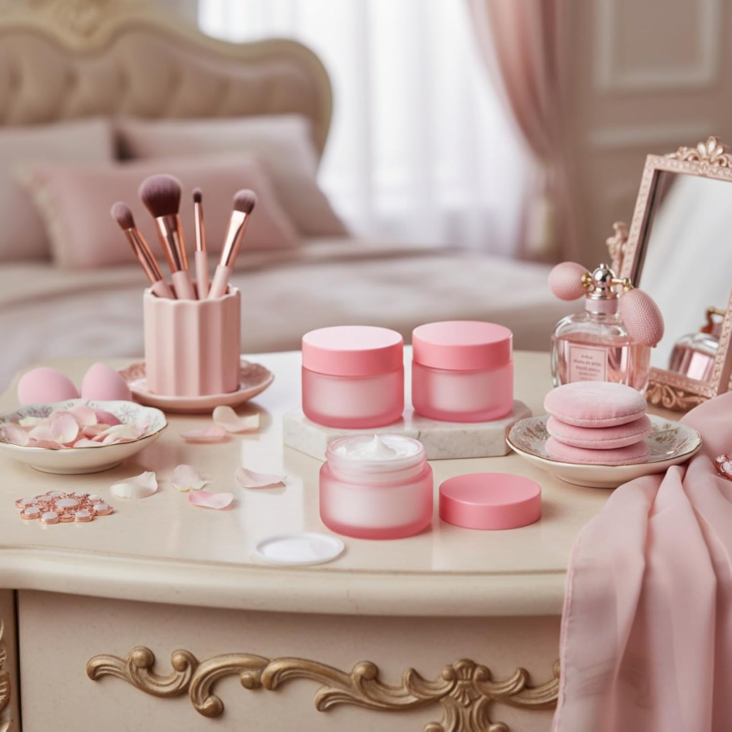 Domensi 100 Pcs 1 oz Glass Jars with Lids Bulk Round Glass Cosmetic Jars Lids 1 oz Small Travel Containers with Inner Liner for Lotions Powders Ointments Sample Cream (Pink,Pink)