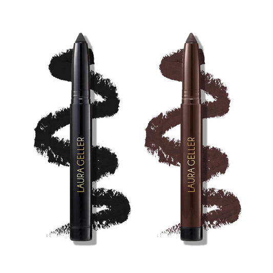 LAURA GELLER NEW YORK Kajal Longwear Kohl Eyeliner Pencil Duo - Deep Black & Smoky Taupe - Caffeine and Vitamin E - Smooth & Blendable Liner - Built-In Sharpener