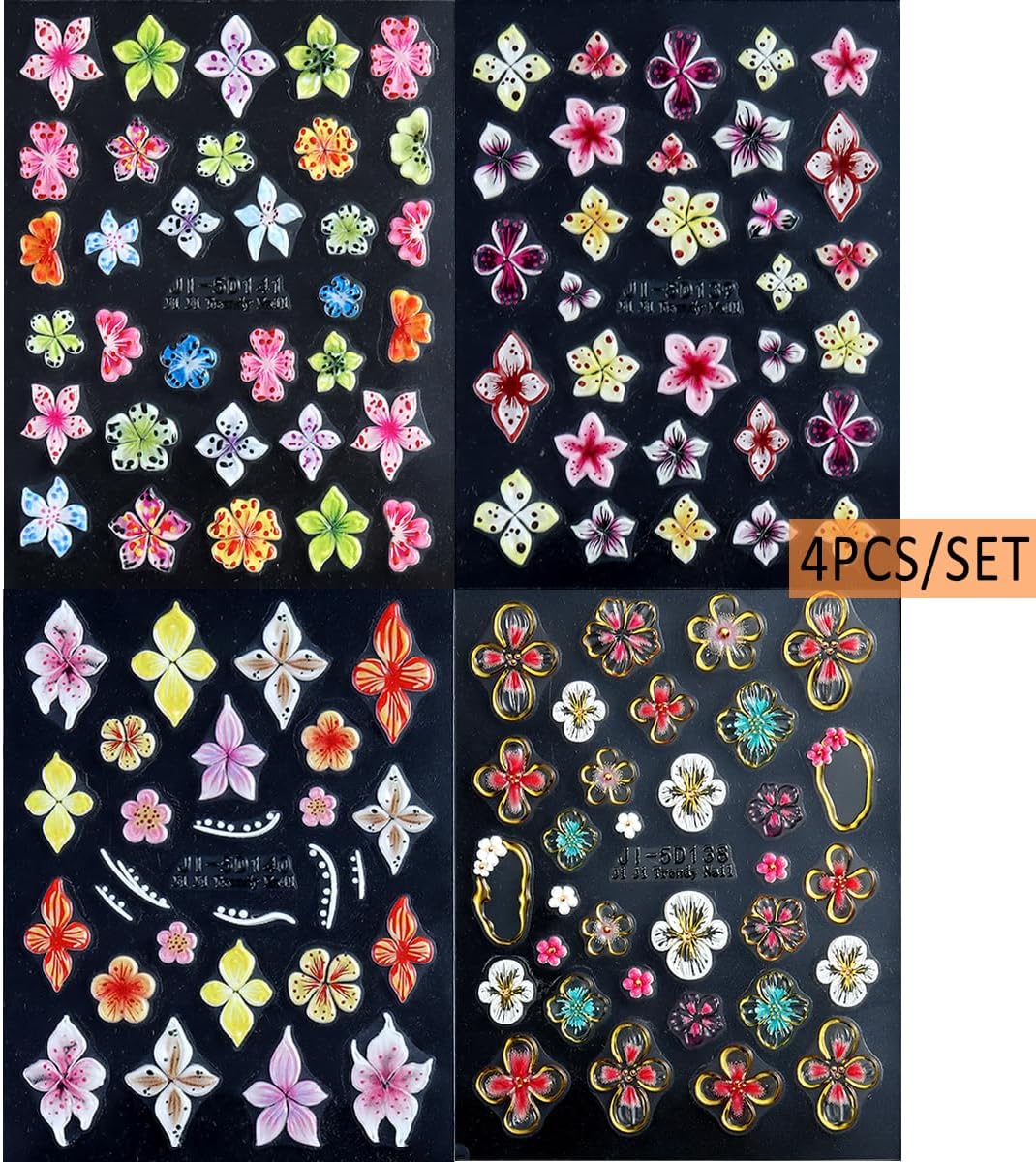 Flower Nail Stickers 5D Embossed Lily Flower Stickers for Nails Hibiscus Self Adhesive Floral Nail Decals Gold Flower Nail Charms Vacation Nail Design Pegatinas para Uñas 4 Sheet