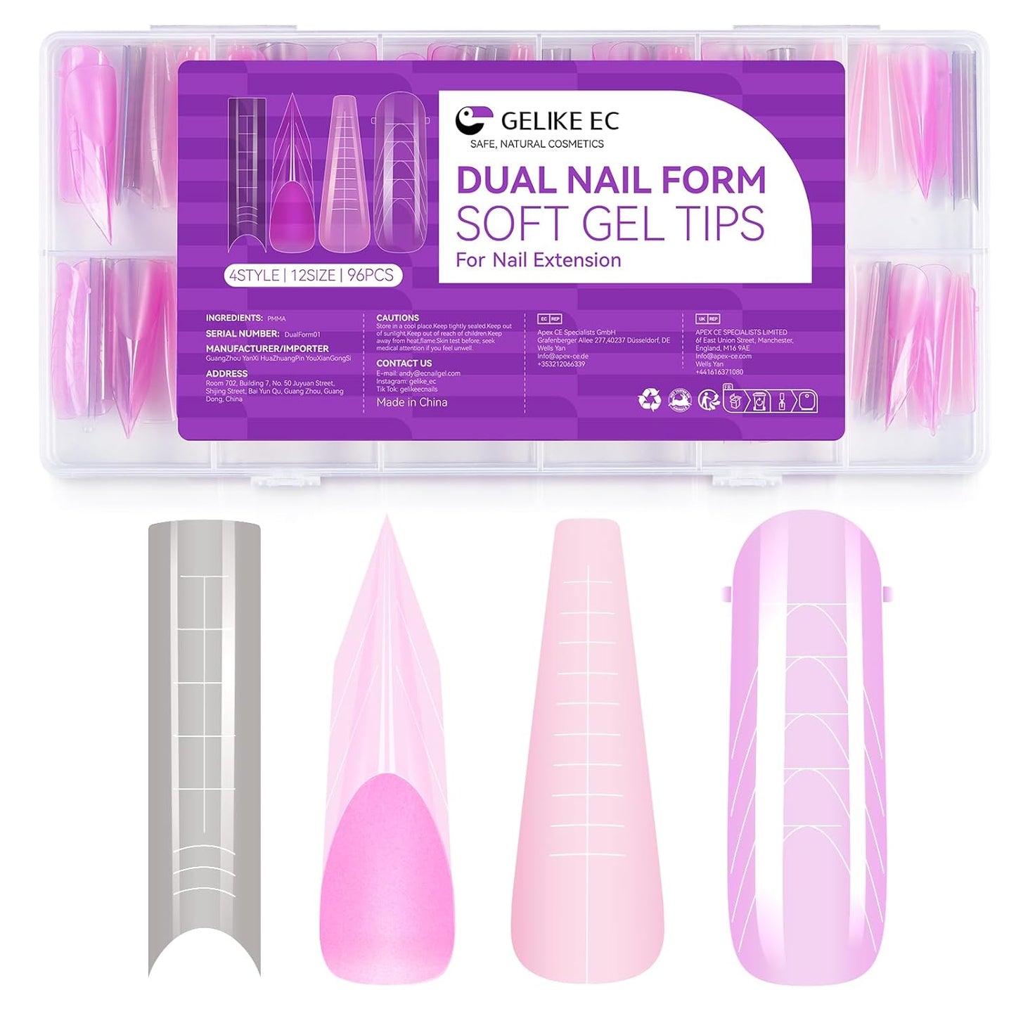 Gelike EC Dual Forms for Extension: 96 Pcs Color Nail Form, 4 Style 12 Size Nail Forms For Builder, Half Matte Gel Forms For Manicure Art Design Salon Diy