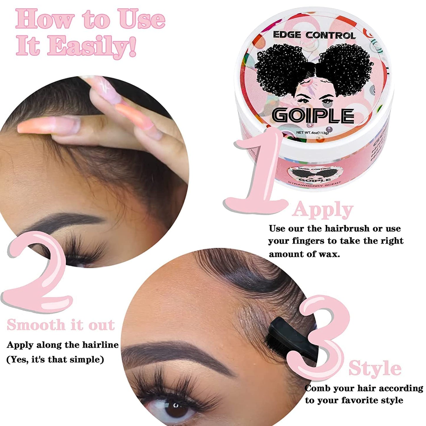 Goiple Edge Control Wax for Women Strong Hold Non-greasy Edge Smoother Strawberry Scent (4oz Edge Control Wax + Edge Brushes*2 + Pink Elastic Bands*2)