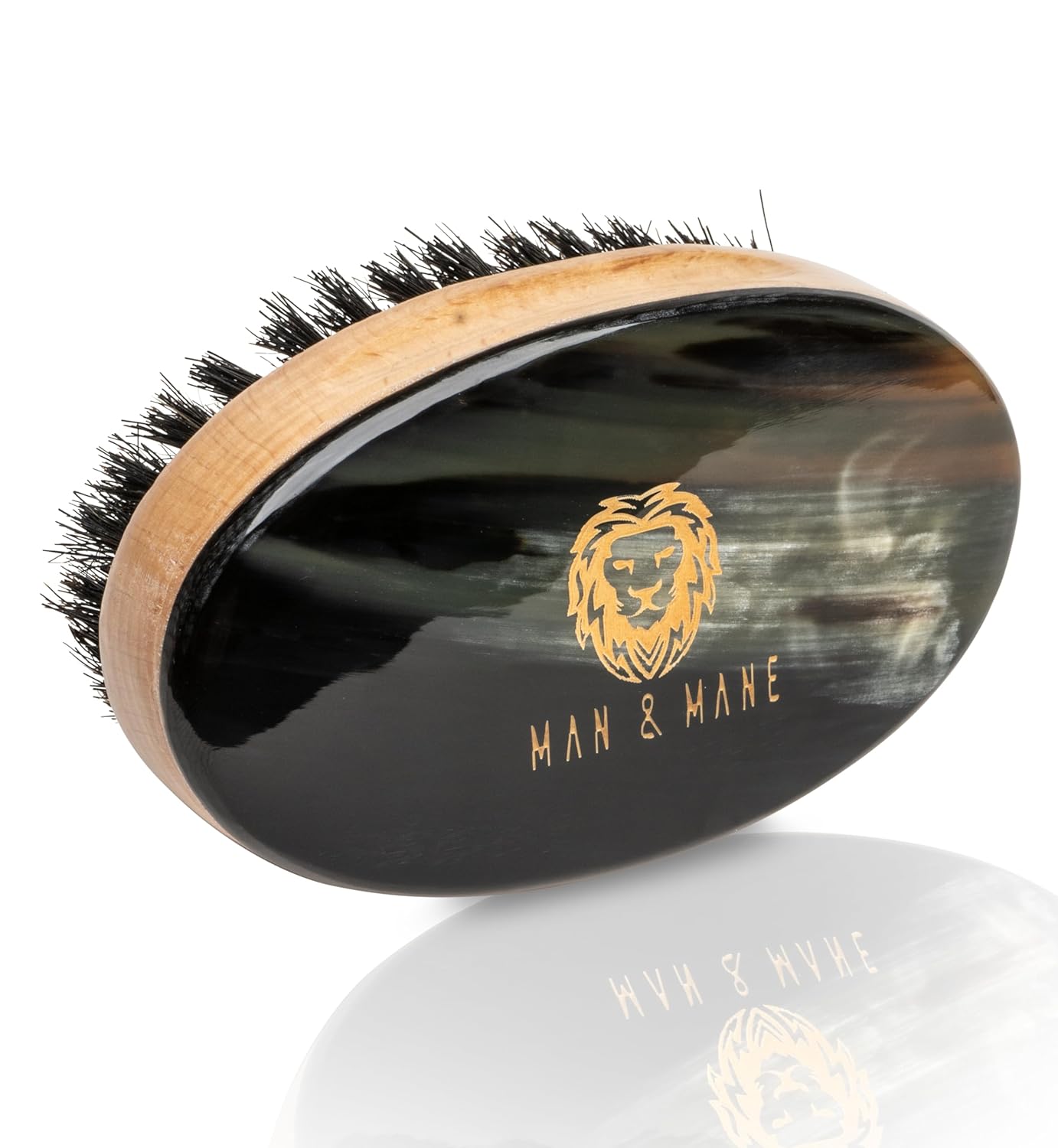 Man & Mane Premium Handmade Oxhorn & Beechwood Military Style Medium Stiff Natural Boar Bristle Men’s Hair Brush for Facial Hair & Beard Care